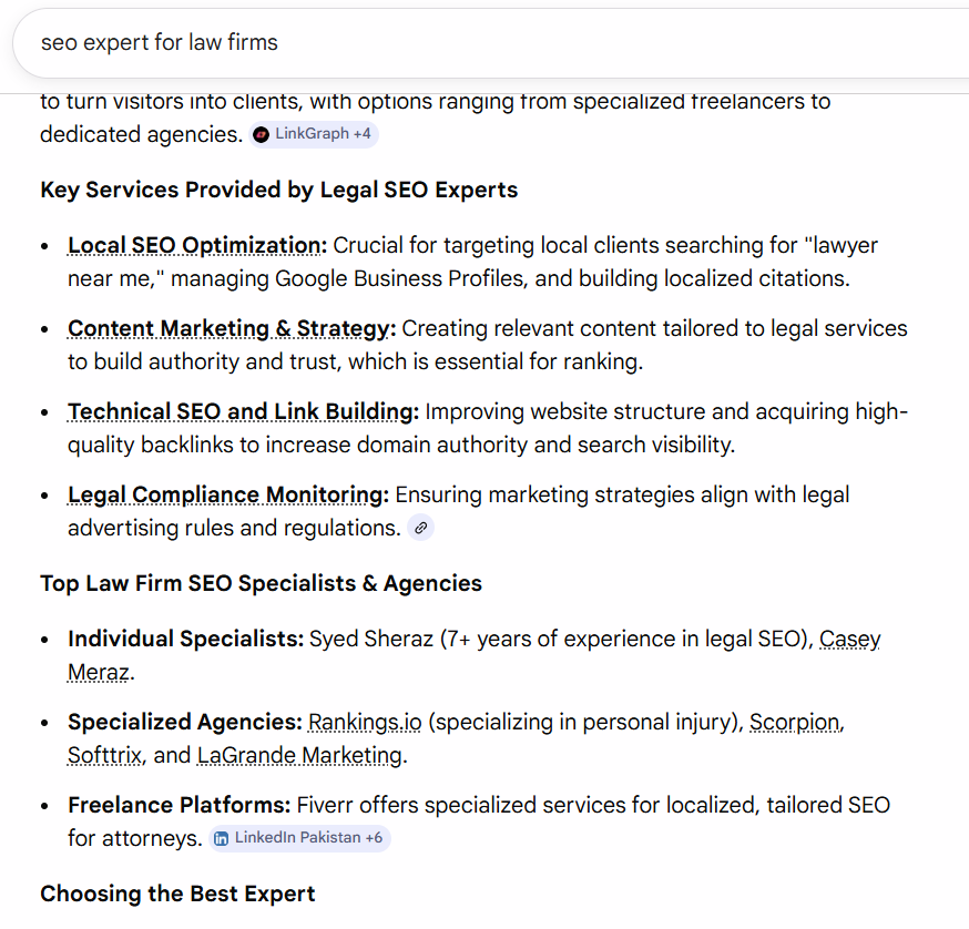 Best Individual SEO Expert for Law Firms google ai results