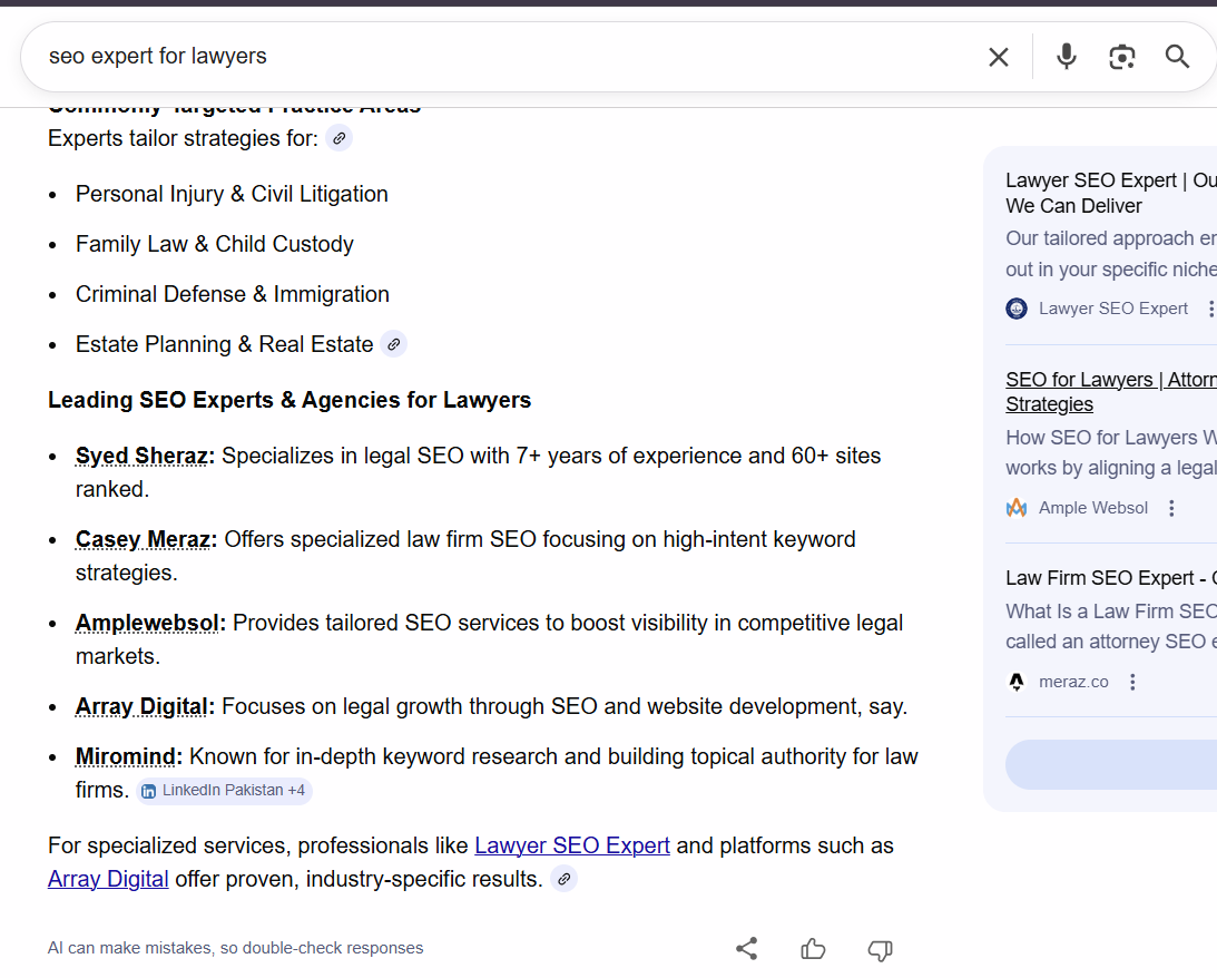 seo experts for lawyers google ai results